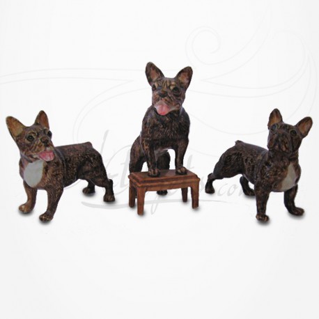 Figurine Miniature - 3 Chiens - Race Bulldog - Porcelaine