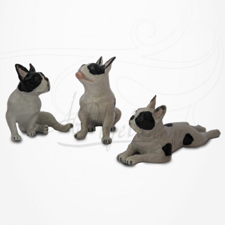 Figurine Miniature - 3 Chiens - Race Bulldog - Porcelaine