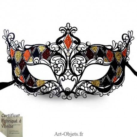 Masque Loup de Venise - Civette Dentelle Métallique - Strass - Orange