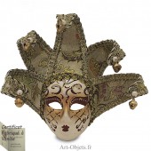 Masque de Venise décoré en Céramique, Jolly à pointes dorées et Tissus Argenté