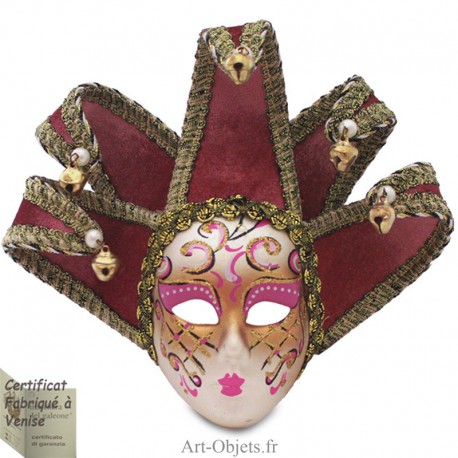 Masque de Venise décoré en Céramique, Jolly à pointes dorées et Tissus Vieux Rose