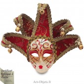 Masque de Venise décoré en Céramique, Jolly à pointes dorées et Tissus Rouge