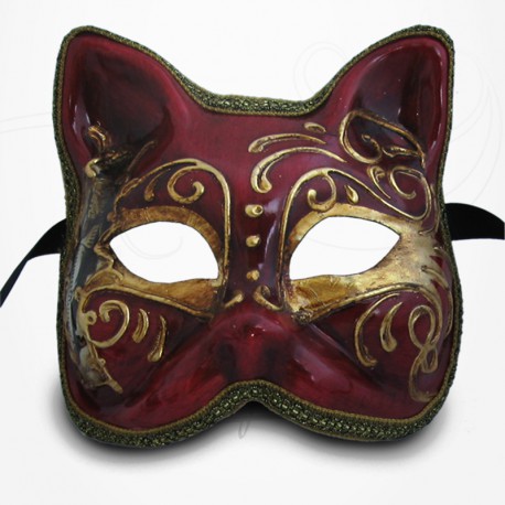 Masque de Venise - Masque Chat Commedia Dell'Arte - Rouge et Doré