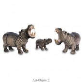 Figurine Miniature - 3 Hippopotames - Porcelaine