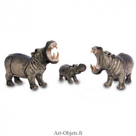 Figurine Miniature - 3 Hippopotames - Porcelaine